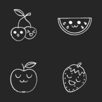 Ensemble de personnages de craie kawaii mignons de fruits. cerise, pastèque, pomme, fraise avec des visages souriants. emoji drôle, émoticône, sourire. illustration de tableau isolé de vecteur
