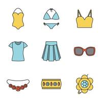 Ensemble d'icônes de couleur d'accessoires pour femmes. vêtements et bijoux. maillots de bain, haut, t-shirt, jupe, lunettes de soleil, bracelet, broche, collier. illustrations vectorielles isolées vecteur