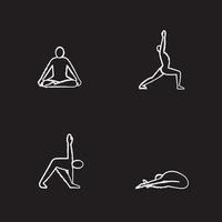 Ensemble d'icônes de craie d'asanas de yoga. positions de yoga siddhasana, virabhadrasana, trikonasana, paschimottasana. illustrations de tableau de vecteur isolé
