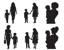 maman et enfant noir silhouettes illustration. content de la mère journée concept vecteur