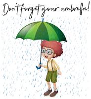 Garçon avec parapluie vert et phrase n&#39;oubliez pas votre parapluie vecteur