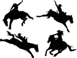 ensemble de rodeo silhouette illustration. Hommes équitation une sauvage cheval pour sport activité vecteur