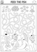 en dessous de le mer noir et blanc Labyrinthe pour des gamins avec tortue, baleine, requin, basse, poisson perroquet. océan ligne préscolaire activité avec des poissons, aliments. l'eau labyrinthe jeu, coloration page. alimentation le poisson vecteur