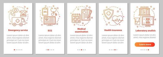 Écran de page d'application mobile d'intégration de la médecine et des soins de santé avec des concepts linéaires. ambulance, examen, ecg, assurance maladie, instructions graphiques des étapes d'analyse de laboratoire. illustrations vectorielles ux, ui, gui vecteur