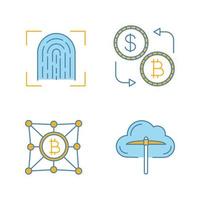 Jeu d'icônes de couleur de crypto-monnaie bitcoin. numérisation d'empreintes digitales, cloud mining, change de devises, réseau bitcoin. illustrations vectorielles isolées vecteur