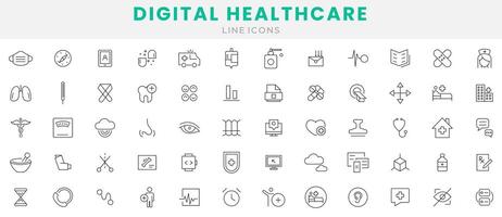 numérique soins de santé médical icône ensemble. soins de santé, médical, médecine, vérifier en haut, médecin, dentisterie, pharmacie, laboratoire, scientifique Découverte Icônes collection. contour icône collection. mince contour Icônes pack vecteur