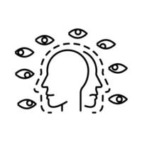 paranoïa. une tête illustration avec beaucoup yeux à la recherche autour à représenter paranoïa mental santé problème. vecteur