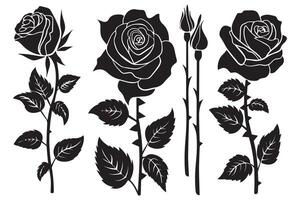 Rose silhouettes illustration. noir bourgeons et tiges de des roses pochoirs isolé sur blanc Contexte vecteur