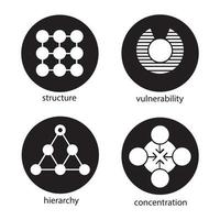 ensemble d'icônes de symboles abstraits. structure, vulnérabilité, hiérarchie, concepts de concentration. illustrations vectorielles de silhouettes blanches dans des cercles noirs vecteur