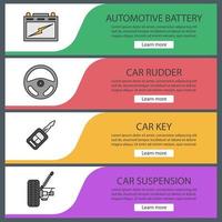 ensemble de modèles de bannière web d'atelier automatique. batterie automobile, gouvernail de voiture, clé, suspension. éléments du menu de couleur du site Web. concepts de conception d'en-têtes de vecteur