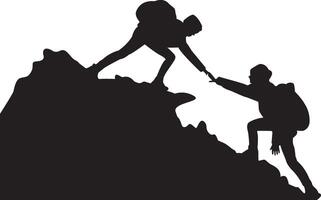silhouette de deux gens randonnée escalade Montagne et portion chaque autre sur Haut de montagne, portion main et assistance concept vecteur
