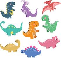illustration de dinosaures comprenant stégosaure, brontosaure, vélociraptor, tricératops, tyrannosaure rex, spinosaure, et ptérosaures. vecteur