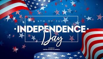 4e de juillet indépendance journée de le Etats-Unis illustration avec américain drapeau et chute confettis sur foncé bleu Contexte. Quatrième de juillet nationale fête conception avec typographie lettre pour vecteur