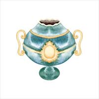 antique vase. intérieur conception décoration. musée collection. main tiré aquarelle illustration isolé sur blanc Contexte. grand marbre bol avec d'or ornements et poignées. ancien bleu céramique vecteur