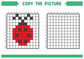 copie le image, Achevée le la grille image. éducatif feuilles de travail dessin avec carrés, coloration cellule domaines. enfants préscolaire activités. dessin animé, pixel art. rouge coccinelle illustration. vecteur