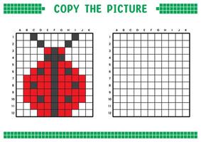 copie le image, Achevée le la grille image. éducatif feuilles de travail dessin avec carrés, coloration cellule domaines. enfants préscolaire activités. dessin animé, pixel art. rouge coccinelle illustration. vecteur