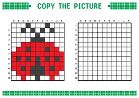 copie le image, Achevée le la grille image. éducatif feuilles de travail dessin avec carrés, coloration cellule domaines. enfants préscolaire activités. dessin animé, pixel art. rouge coccinelle illustration. vecteur