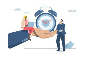 gérer affaires des horaires et déterminer travail heures, efficace temps la gestion par gestionnaires ou patrons, gros main en portant alarme l'horloge avec affaires équipe. conception illustration. vecteur