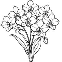orchidée fleur contour illustration coloration livre page conception, orchidée fleur bouquet noir et blanc ligne art dessin coloration livre pages pour les enfants et adultes vecteur