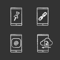 jeu d'icônes de craie pour smartphone. pièce jointe, lien, e-mail, stockage en nuage. illustrations de tableau de vecteur isolé