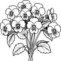 pensée fleur contour illustration coloration livre page conception, pensée fleur bouquet noir et blanc ligne art dessin coloration livre pages pour les enfants et adultes vecteur