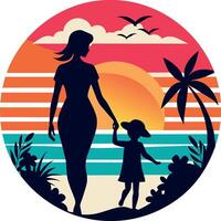mère et enfant plage silhouette à le coucher du soleil vecteur