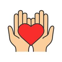 icône de couleur de charité. assurance-vie. médecine et soins de santé. mains tenant le coeur. illustration vectorielle isolée vecteur
