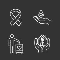 ensemble d'icônes de craie de charité. collecte de fonds, ruban anti-VIH, don de sang, refuge pour sans-abri. illustrations de tableau de vecteur isolé