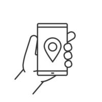 main tenant l'icône linéaire du smartphone. illustration de la ligne mince. symbole de contour de l'application de navigation gps smartphone. dessin de contour isolé de vecteur