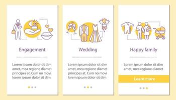 Écran de page d'application mobile d'intégration du cycle de vie de la famille avec des concepts linéaires. fiançailles, mariage, étapes de la famille heureuse instructions graphiques. modèle vectoriel ux, ui, gui avec illustrations