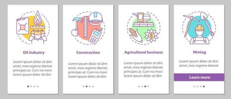 industries intégrant l'écran de la page de l'application mobile avec des concepts linéaires. industrie pétrolière, construction, entreprise agricole, instructions graphiques des étapes minières. modèle vectoriel ux, ui, gui avec illustrations