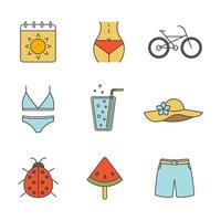 ensemble d'icônes de couleur d'été. calendrier, corps de femme, vélo, maillot de bain et chapeau de plage, limonade, coccinelle, pastèque sur bâton, maillot de bain. illustrations vectorielles isolées vecteur