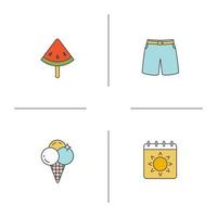 ensemble d'icônes de couleur d'été. tranche de pastèque sur bâton, maillot de bain, calendrier avec soleil, crème glacée. illustrations vectorielles isolées vecteur