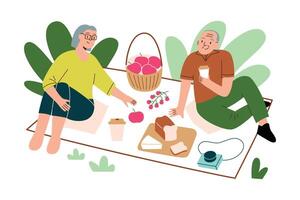 personnes âgées couple profiter pique-nique, mature homme et femme en mangeant sur couverture dans parc, été activité pour Sénior famille, ayant le déjeuner en plein air, des illustrations de plat personnages, fruit dans panier vecteur