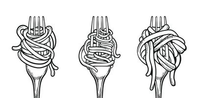fourchette avec nouille Pâtes illustration ensemble. en mangeant spaghetti en utilisant fourchette conception vecteur