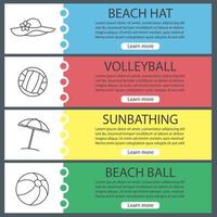ensemble de modèles de bannière web d'été. ballons de volley et de plage, chapeau, parapluie. éléments de menu de couleur de site Web avec des icônes linéaires. concepts de conception d'en-têtes de vecteur