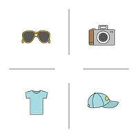 Ensemble d'icônes de couleur d'articles d'été. lunettes de soleil, appareil photo, t-shirt, casquette. illustrations vectorielles isolées vecteur