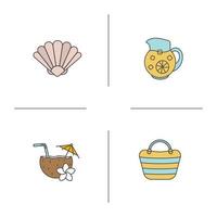 ensemble d'icônes de couleur d'été. coquillage, carafe de limonade, sac de plage et cocktail. illustrations vectorielles isolées vecteur