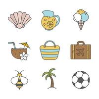 ensemble d'icônes de couleur d'été. coquillage, pichet de limonade, crème glacée, cocktail de plage, sac, palmier, valise, abeille, ballon de football. illustrations vectorielles isolées vecteur