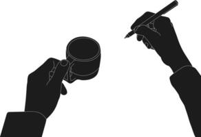 silhouette main en portant stylo avec livre et thé tasse vecteur