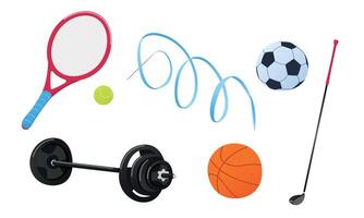 sport équipement. Icônes ensemble de sport inventaire avec des balles pour basket-ball, Football Jeu et tennis, le golf club, ruban, raquette, haltère. aptitude Gym outils. équipe jeu. illustration dans plat style. vecteur