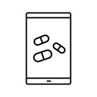 icône linéaire de l'application médicale smartphone. illustration de la ligne mince. téléphone intelligent avec des pilules. symbole de contour de magasin de pharmacie mobile. dessin de contour isolé de vecteur