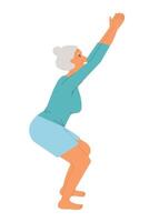 Sénior femme Faire yoga. vieux femme fait du Matin yoga ou respiration des exercices. isolé illustration. mental santé concept. vecteur
