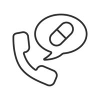 icône linéaire de commande de téléphone de médicaments. appeler à la pharmacie. illustration de la ligne mince. combiné avec symbole de contour de pilule. dessin de contour isolé de vecteur