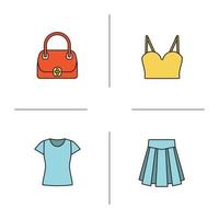 Ensemble d'icônes de couleur d'accessoires pour femmes. sac à main, haut, jupe, t-shirt. illustrations vectorielles isolées vecteur