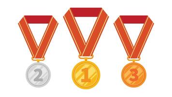 Trois médailles sont montré or, argent et bronze. le médaille est lié avec une rouge ruban vecteur