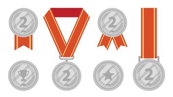 une ensemble de argent médailles avec rouge rubans pour seconde endroit gagnants vecteur