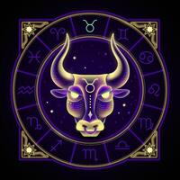 Taureau zodiaque signe représentée par le visage de une taureau. néon horoscope symbole dans cercle avec autre astrologie panneaux ensembles autour. vecteur