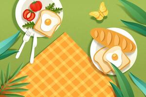 Haut vue de pique-nique couverture avec nourriture servi sur assiettes à le parc dans papier art, conception éléments pour une un d bannière vecteur