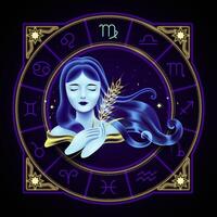 Vierge zodiaque signe représentée par une Jeune jeune fille porter une gerbe de blé. néon horoscope symbole dans cercle avec autre astrologie panneaux ensembles autour. vecteur